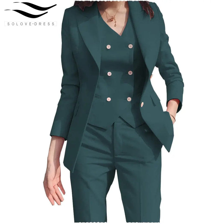 solovedress Women‘s Business Suit 3 Pieces Slim Fit Solid Color Peak Lapel Suit (Blazer+vest+Pants)