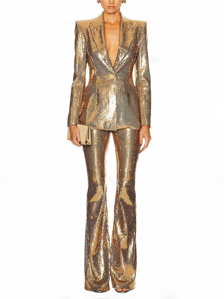 solovedress Women's Fashion Gold Sequin Two-Piece Suit