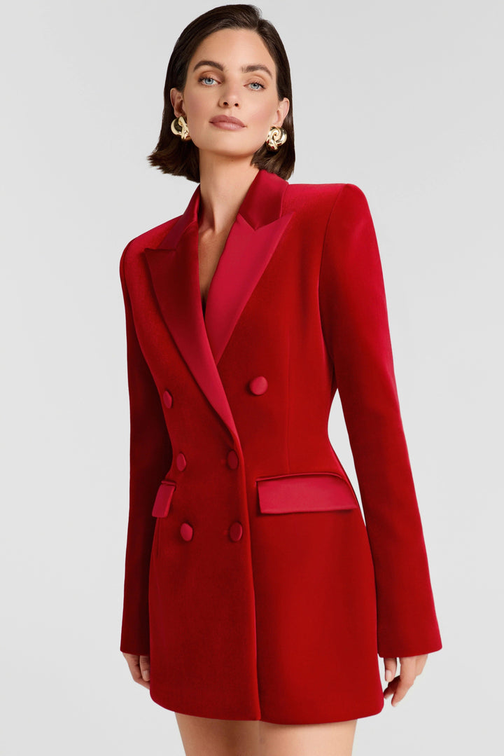 solovedress Women’s Red Velvet Blazer – Double-Breasted, Satin Lapel