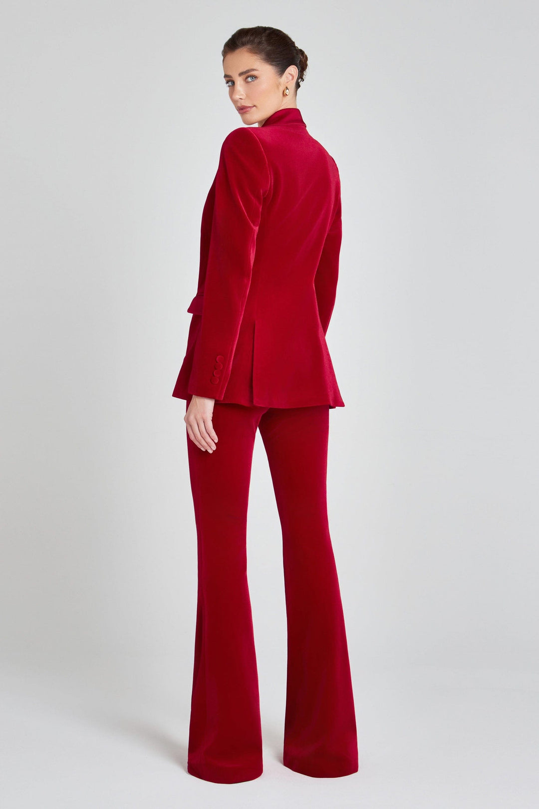 solovedress Women's Red Velvet Satin Peak Lapel Suit (Blazer+Pants)