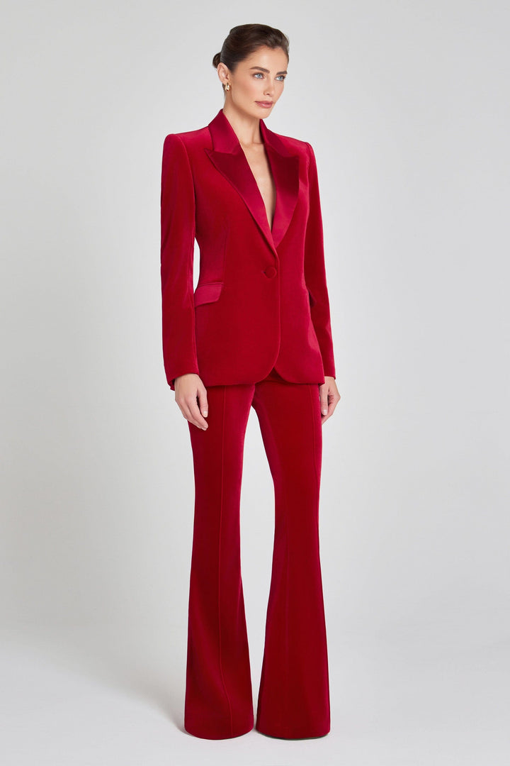 solovedress Women's Red Velvet Satin Peak Lapel Suit (Blazer+Pants)