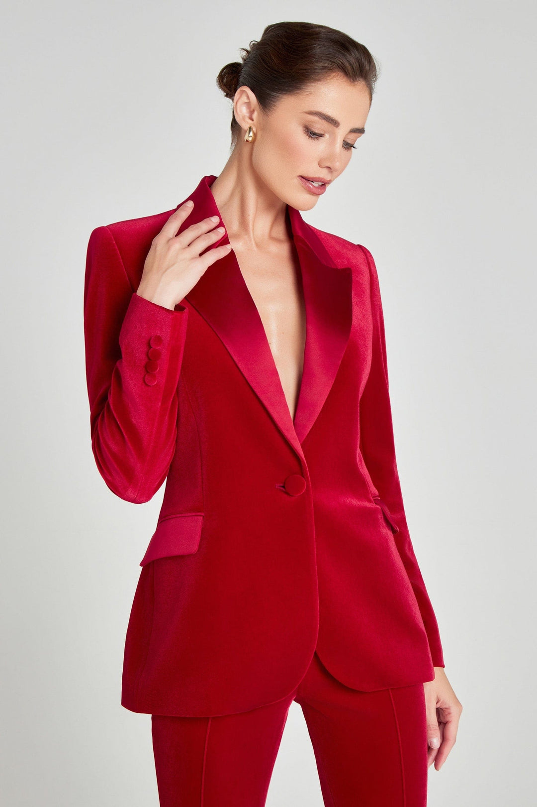 solovedress Women's Red Velvet Satin Peak Lapel Suit (Blazer+Pants)