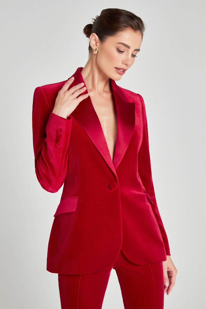 solovedress Women's Red Velvet Satin Peak Lapel Suit (Blazer+Pants)