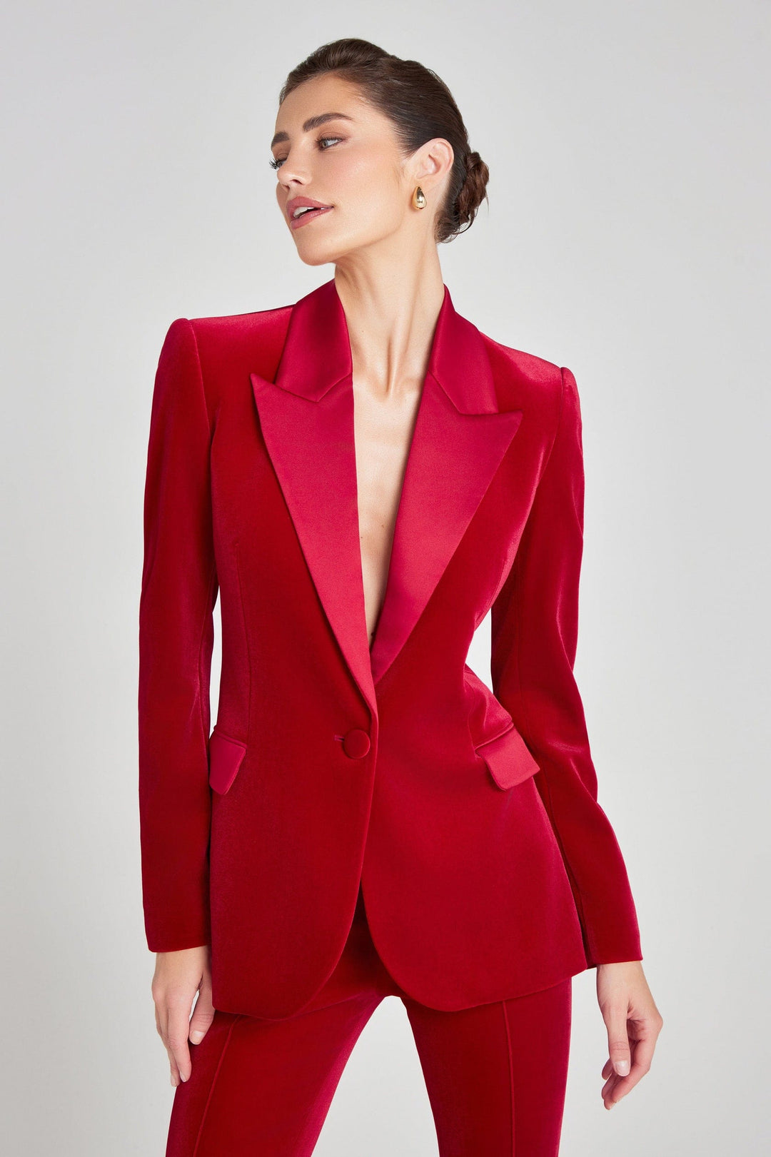 solovedress Women's Red Velvet Satin Peak Lapel Suit (Blazer+Pants)
