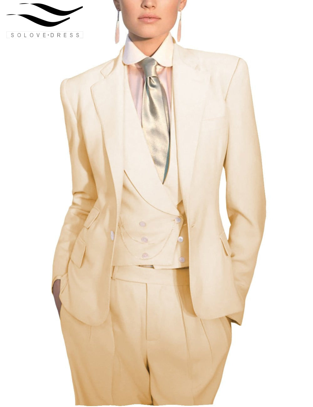 solovedress Women's Slim 3 Piece Suit Solid Color Notch Lapel Bussiness Suit (Blazer+Pants+Vest)