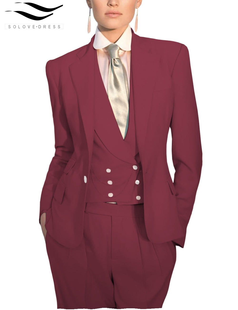 solovedress Women's Slim 3 Piece Suit Solid Color Notch Lapel Bussiness Suit (Blazer+Pants+Vest)