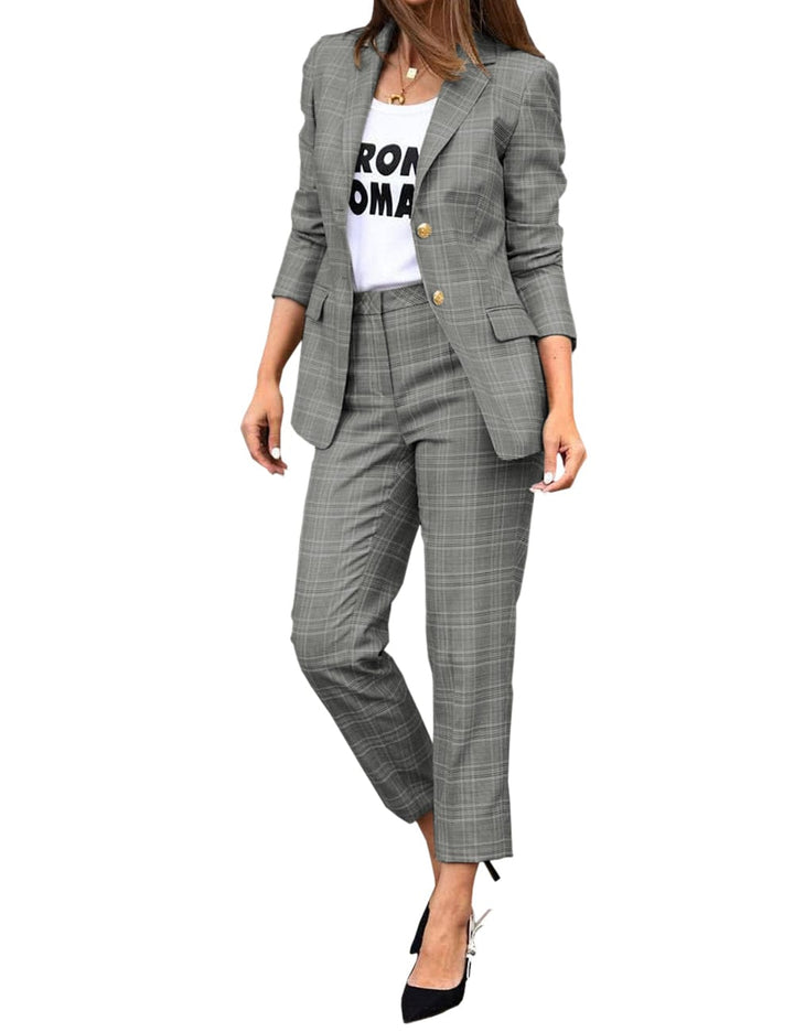 solovedress Women's Suit 2 Piece Fashionable Casual Plaid Jacket (Blazer+Pants)