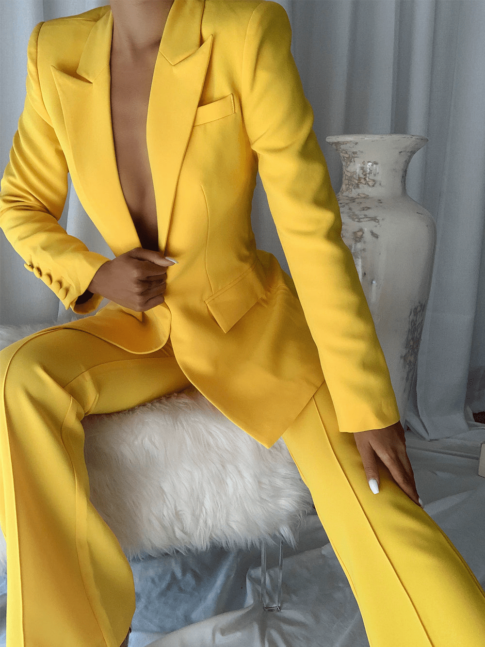 solovedress Yellow 2 Piece Peak Lapel Single Breasted Slim Fit Women's Suit