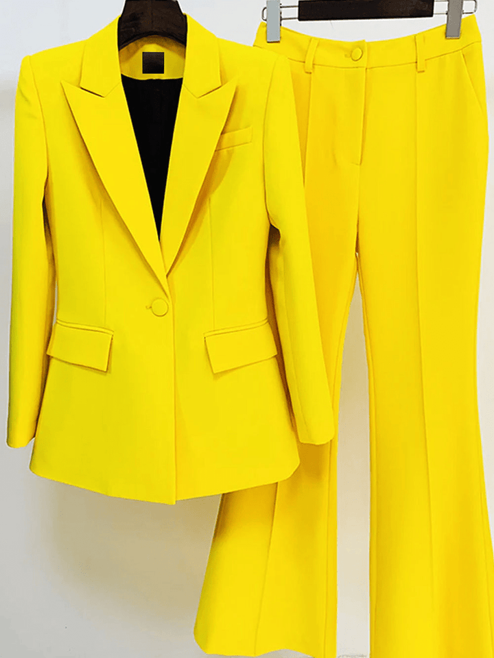 solovedress Yellow 2 Piece Peak Lapel Single Breasted Slim Fit Women's Suit