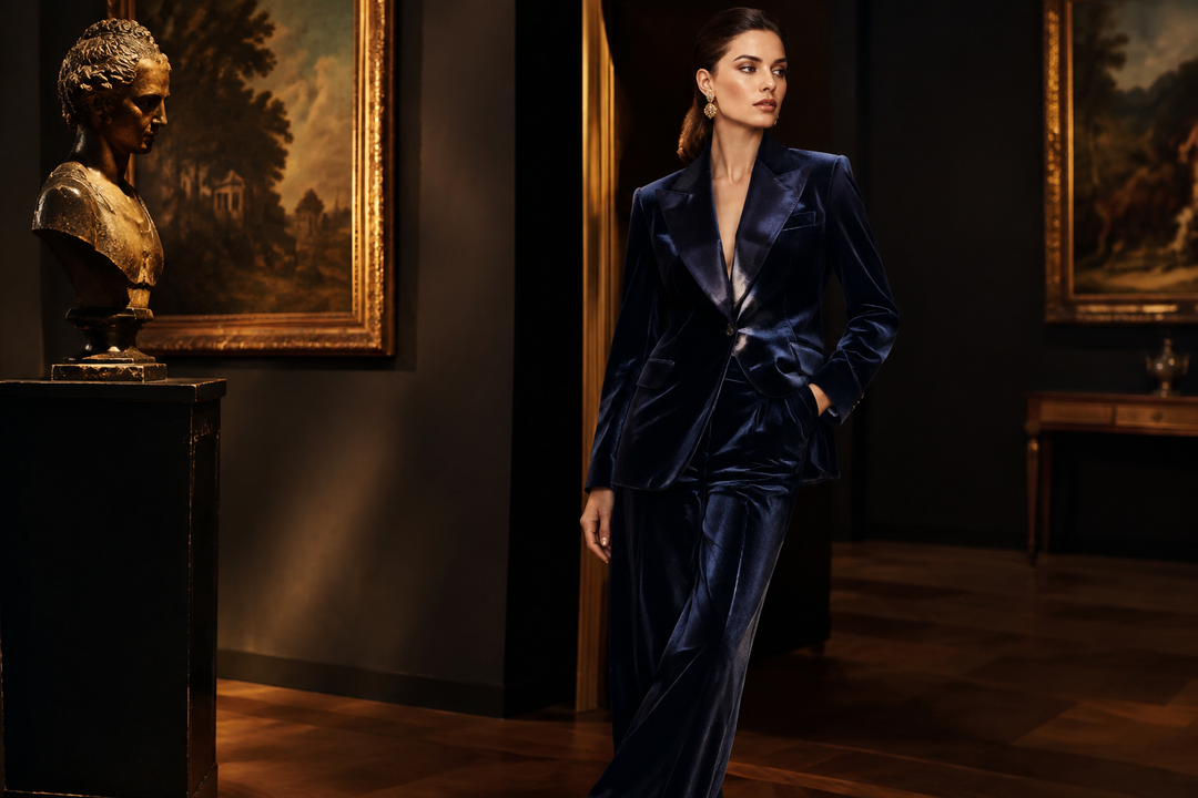 Woman wearing a midnight navy velvet peak lapel pantsuit