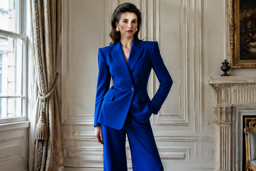 Woman in a royal blue peak lapel pantsuit with pearl earrings, inspired by royal power dressing