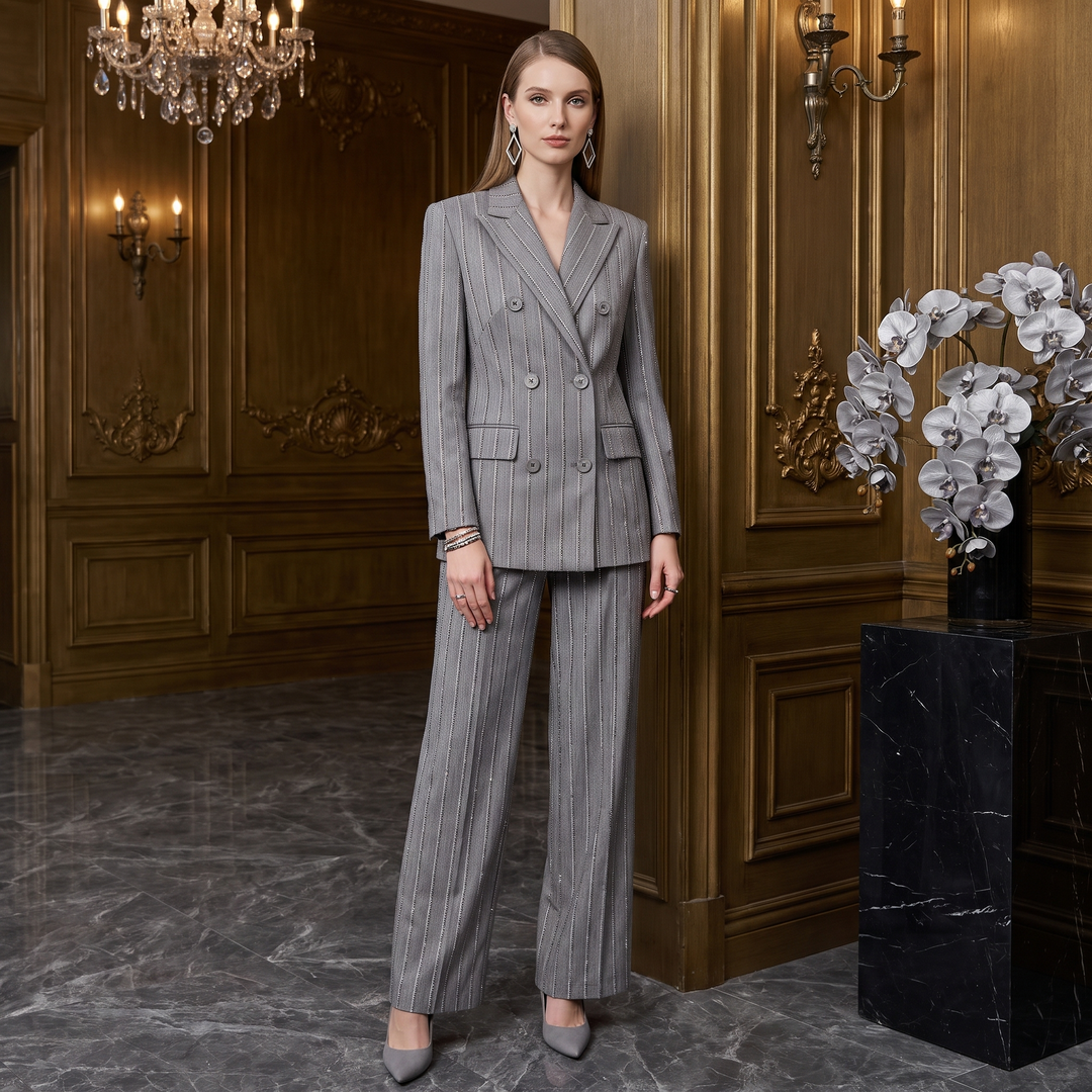 SoloveDress Luxurious Grey Striped Beaded Diamond Women&