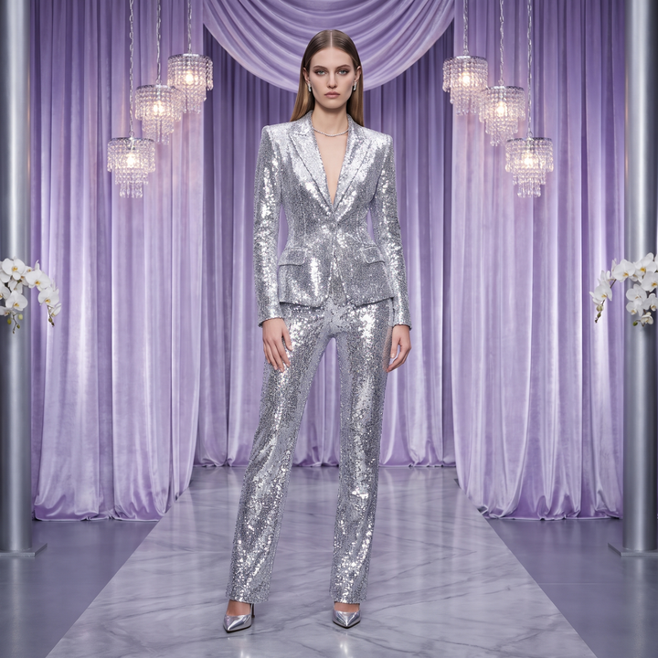 SoloveDress Silver Sequins Hidden Botton Women&
