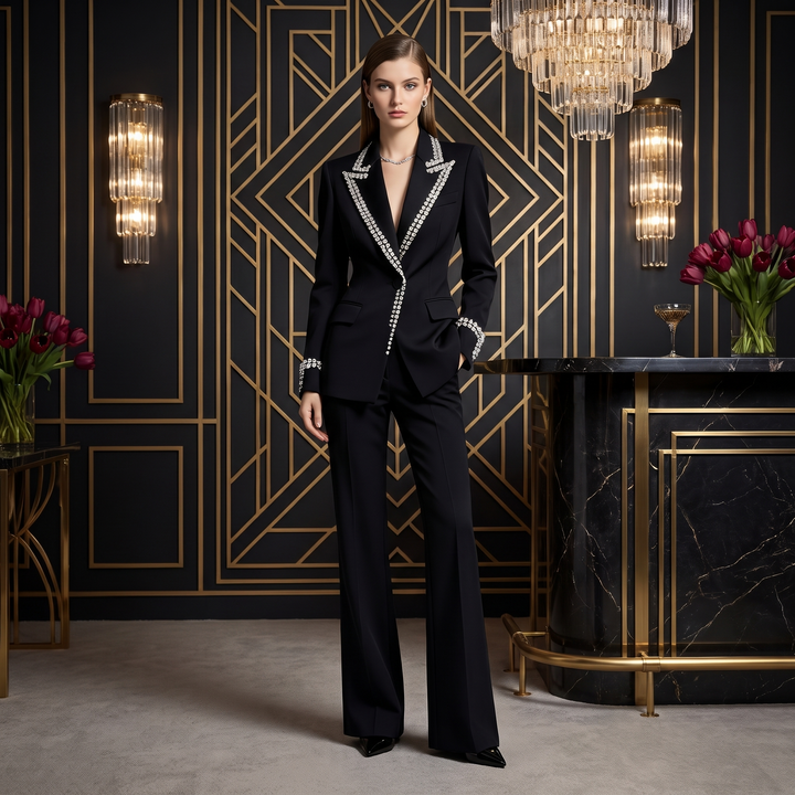 SoloveDress Luxury Black Diamond Suits Women&