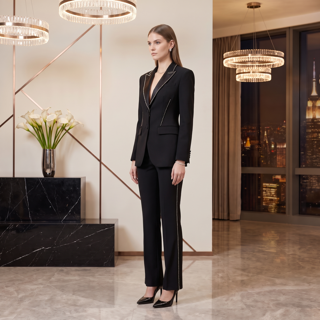 SoloveDress Luxury Black Beaded Diamond Suits Women&