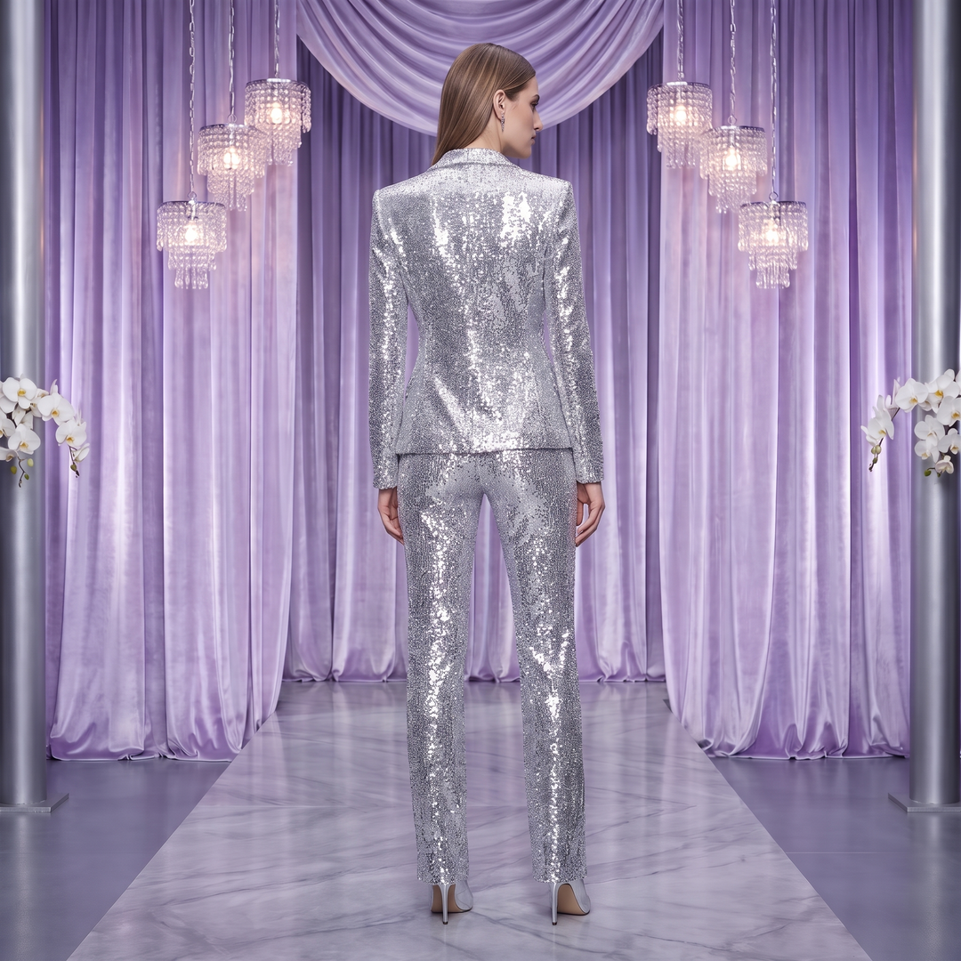 SoloveDress Silver Sequins Hidden Botton Women&
