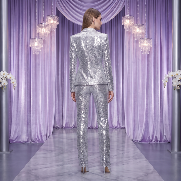 SoloveDress Silver Sequins Hidden Botton Women&