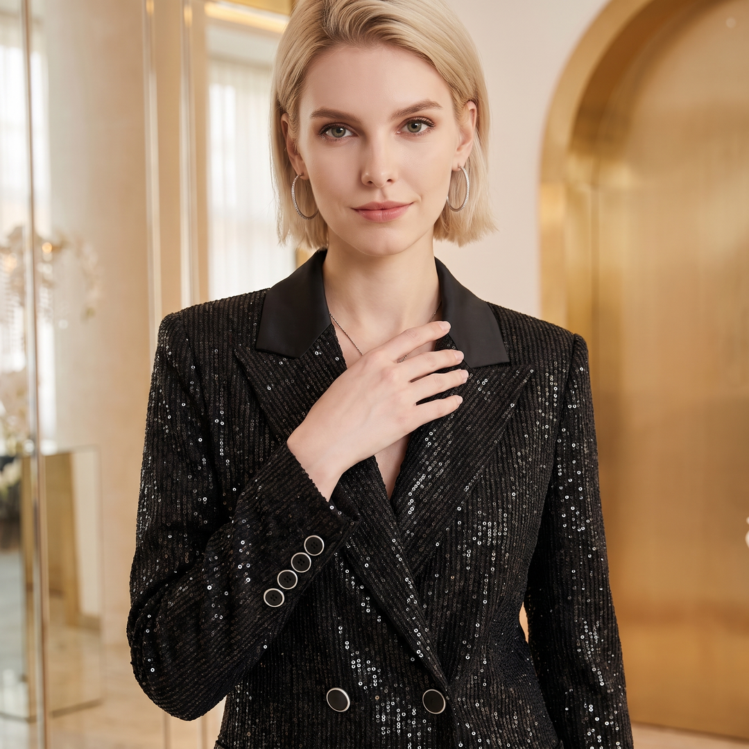 SoloveDress Luxury Double Breasted Sequins Beaded Suits Women&
