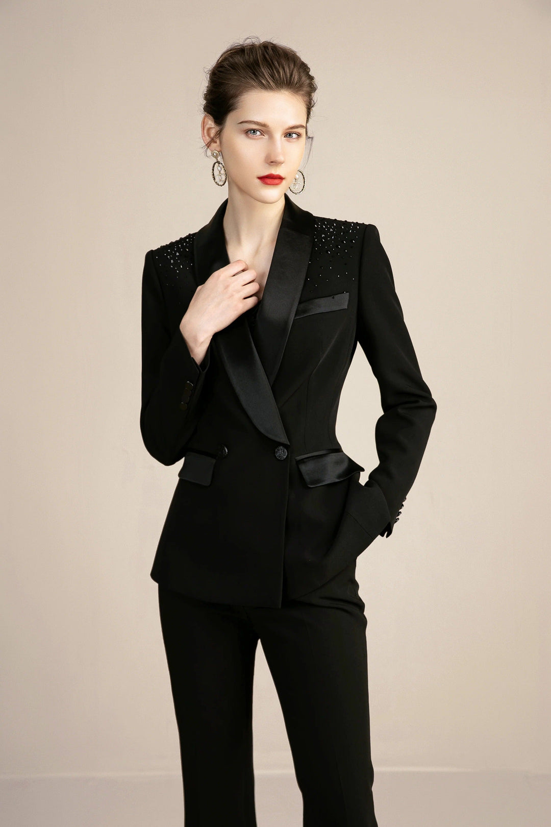 solovedress 2 Piece Black Elegant Tuxedo Shawl Lapel Slim Fit Women Suit