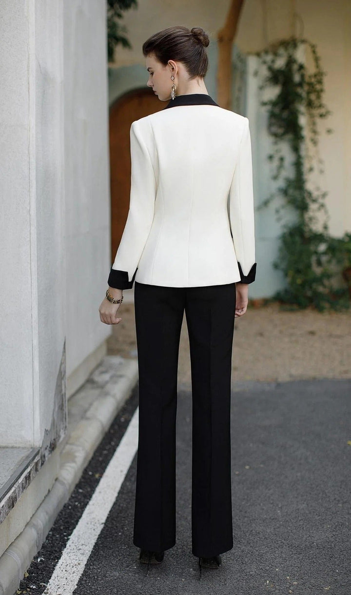 solovedress 2 Piece Classic Elegant Black White Contrast Business Casual Slim Fit Single Button Women's Suit