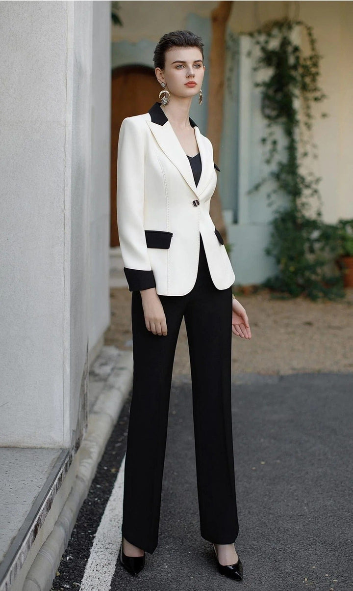 solovedress 2 Piece Classic Elegant Black White Contrast Business Casual Slim Fit Single Button Women's Suit