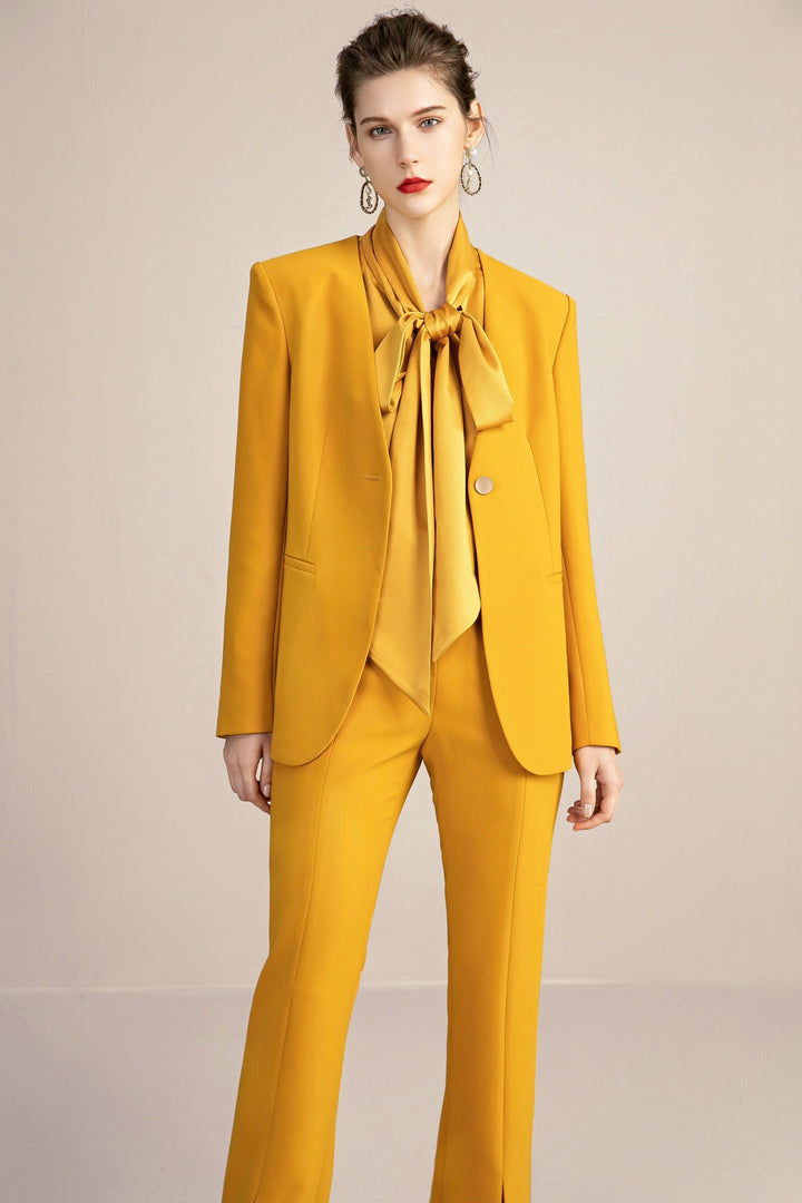 solovedress 2 Piece Gold Single Button V Neck Women Suit (Blazer+Pants）