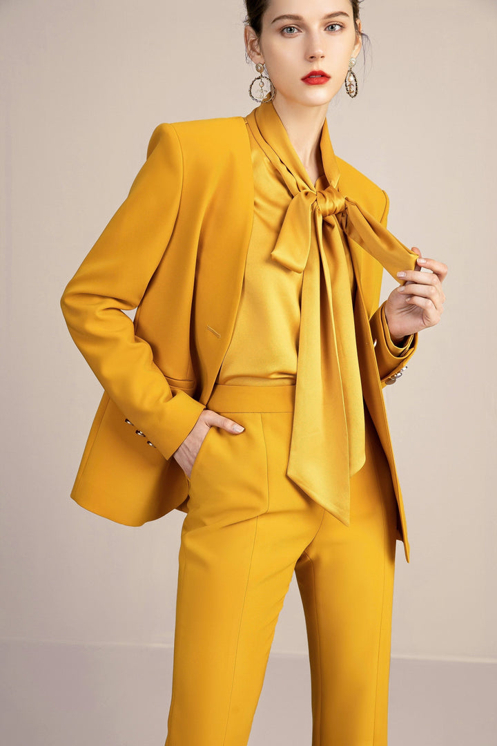 solovedress 2 Piece Gold Single Button V Neck Women Suit (Blazer+Pants）