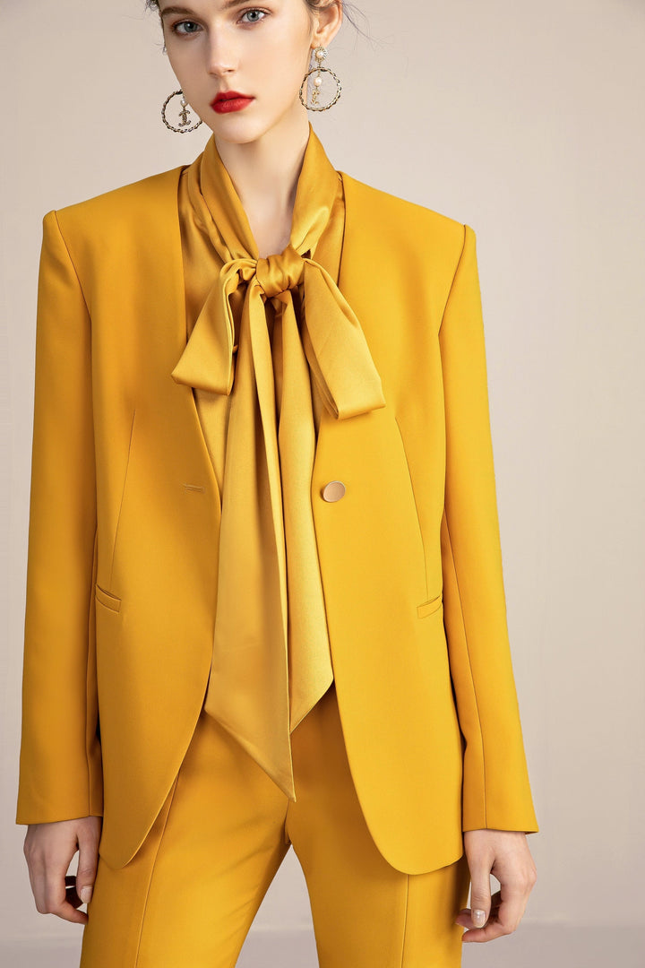 solovedress 2 Piece Gold Single Button V Neck Women Suit (Blazer+Pants）