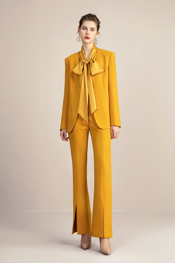 solovedress 2 Piece Gold Single Button V Neck Women Suit (Blazer+Pants）