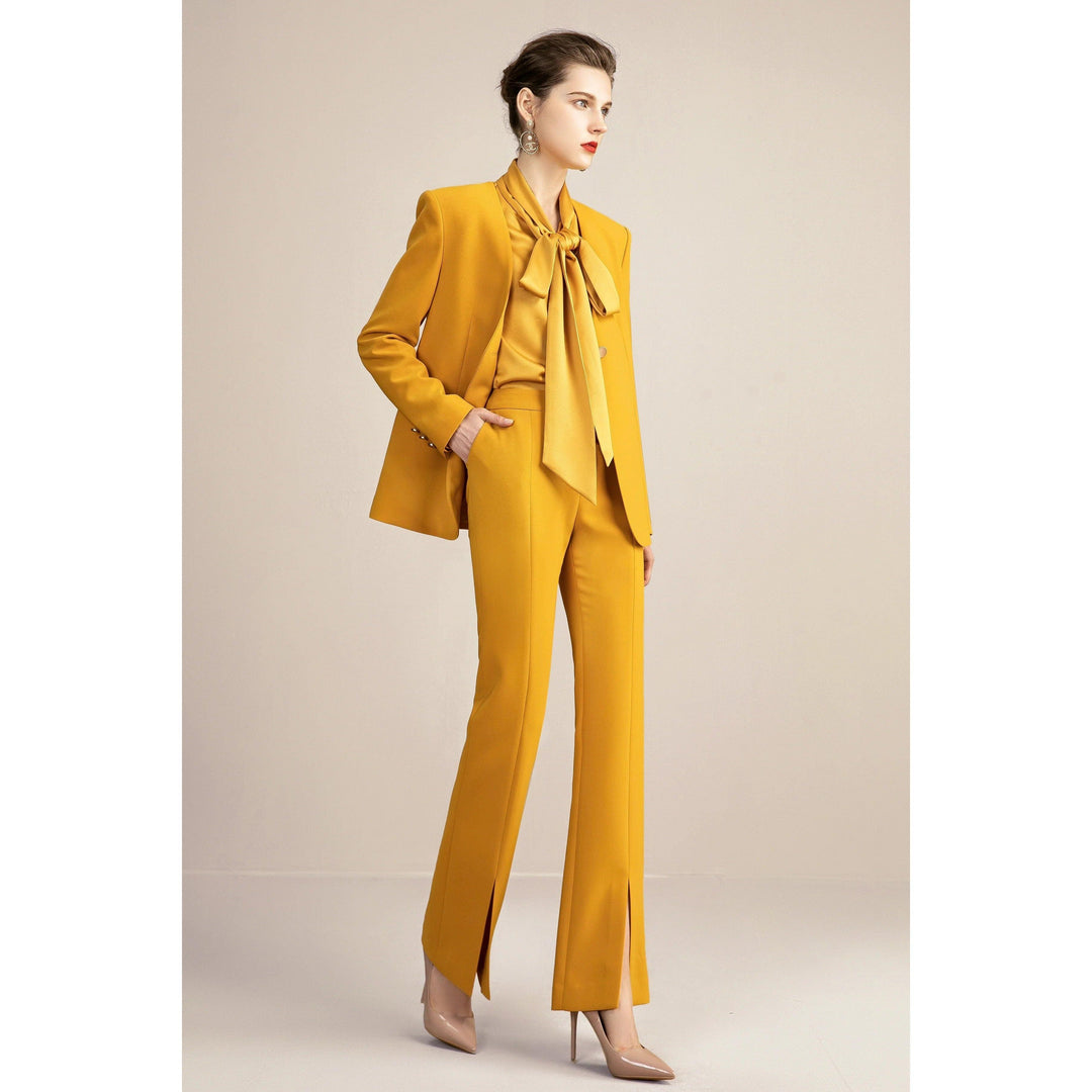 SoloveDress Women's 2 Piece Gold Solid Suit Peak Lapel Single Butto... Gold / US 2