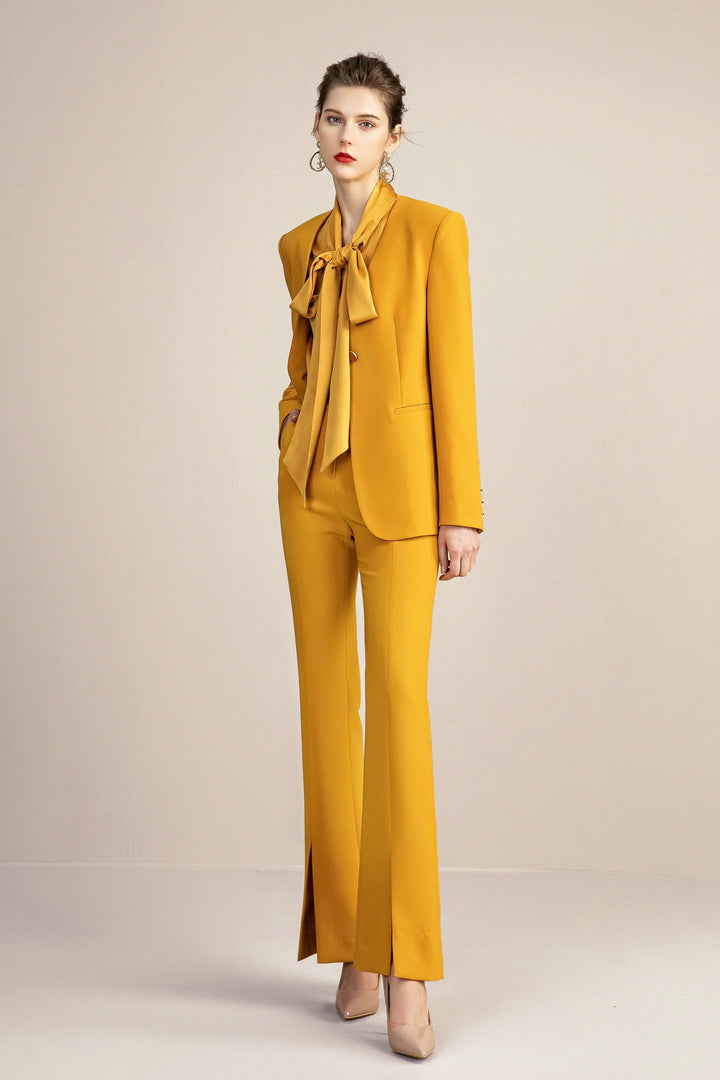 solovedress 2 Piece Gold Single Button V Neck Women Suit (Blazer+Pants）
