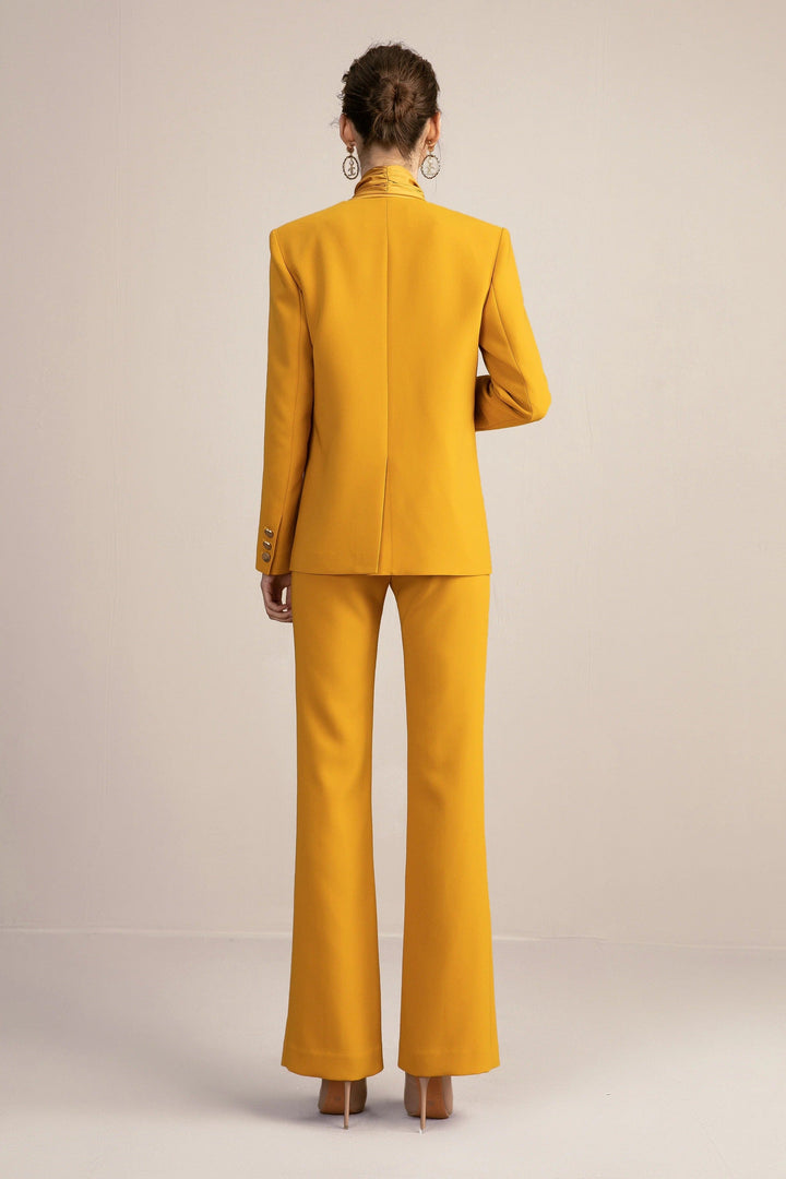 solovedress 2 Piece Gold Single Button V Neck Women Suit (Blazer+Pants）