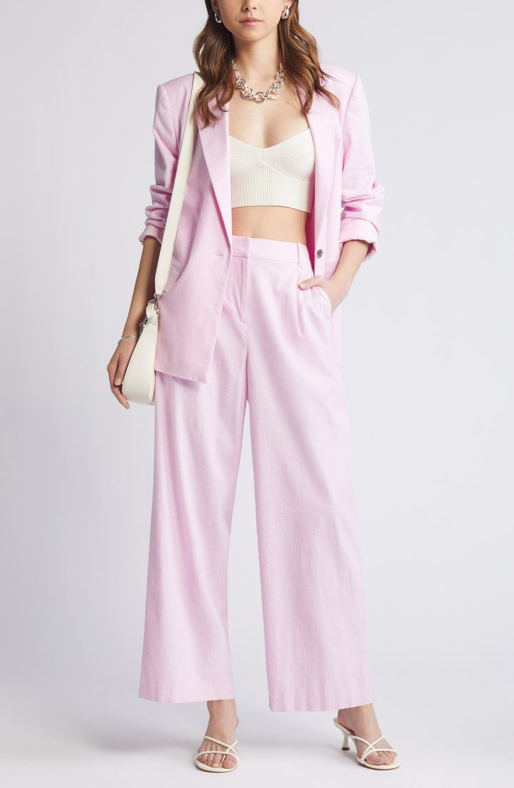 solovedress 2 Piece Pink Linen Peak Lapel Women's Suit (Blazer+Pants)