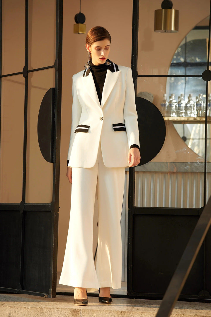 solovedress 2 Piece White Bell Bottom Business Peak Lapel Women Suit