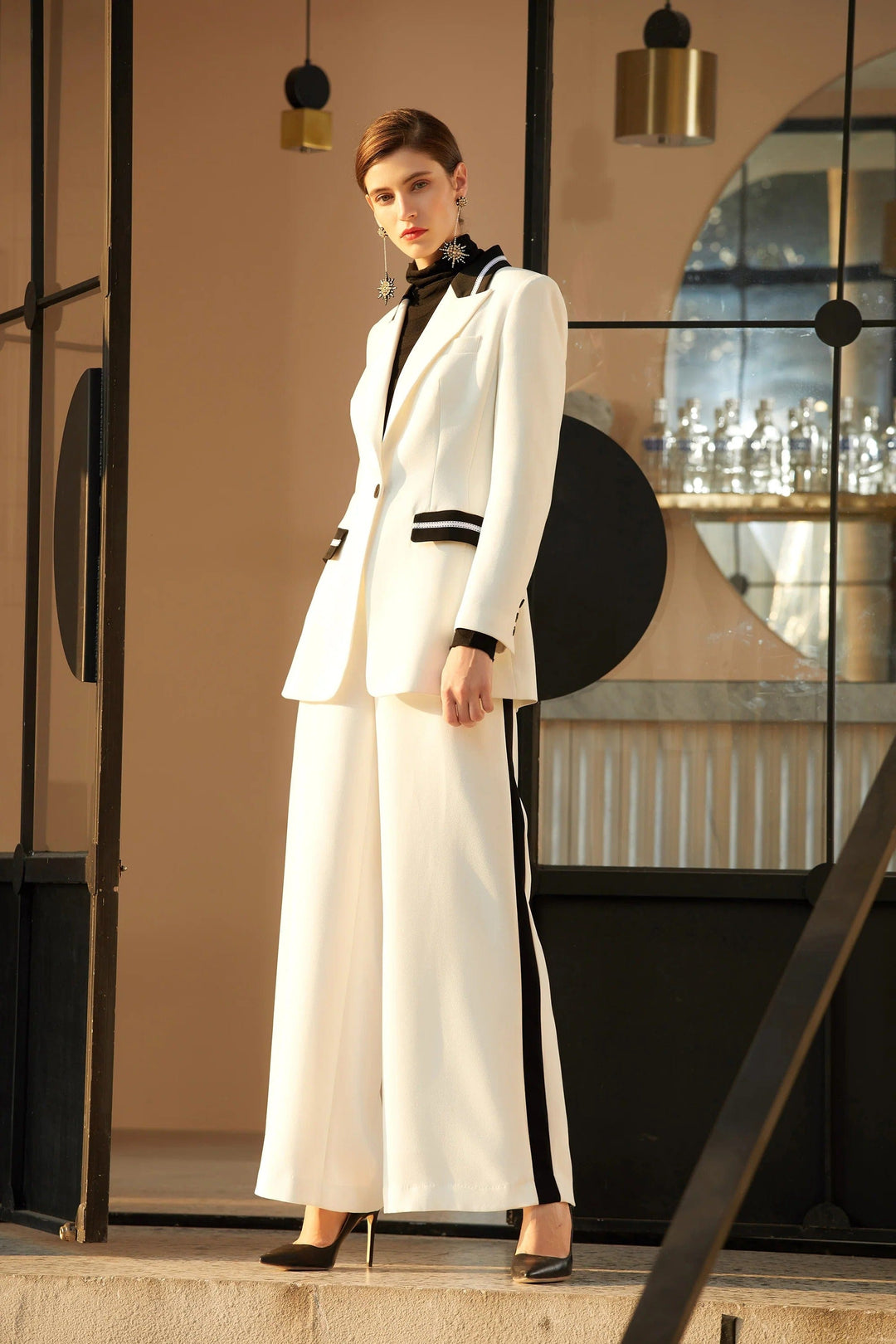 solovedress 2 Piece White Bell Bottom Business Peak Lapel Women Suit