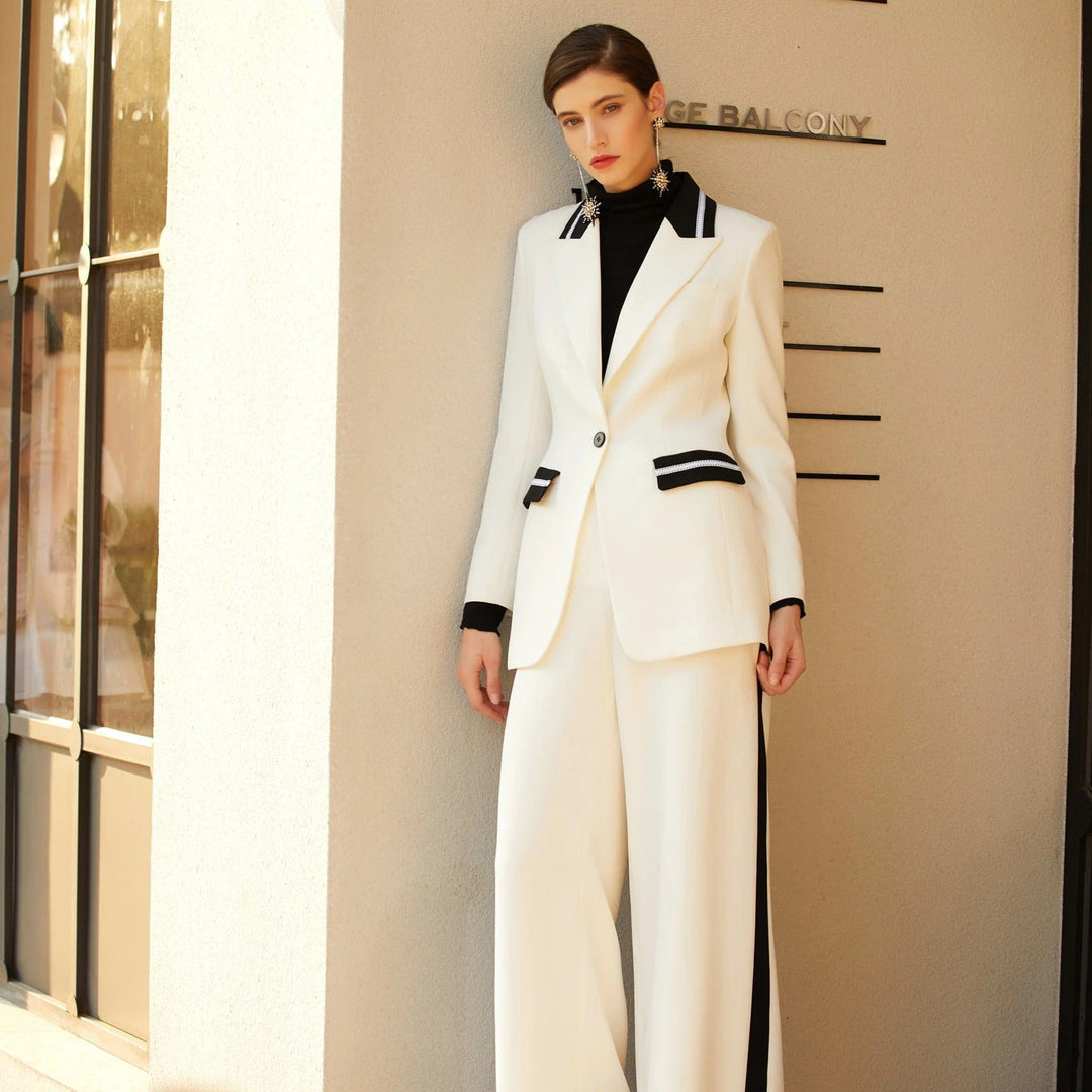 solovedress 2 Piece White Bell Bottom Business Peak Lapel Women Suit