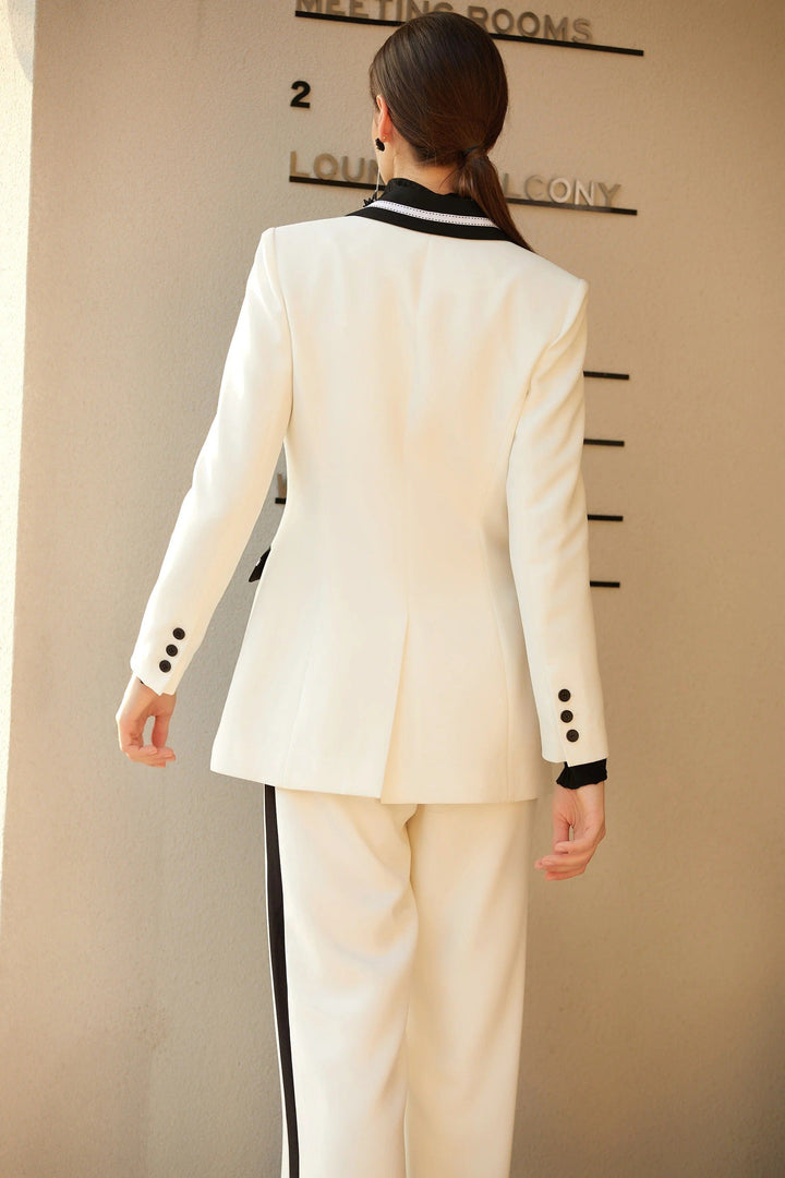 solovedress 2 Piece White Bell Bottom Business Peak Lapel Women Suit