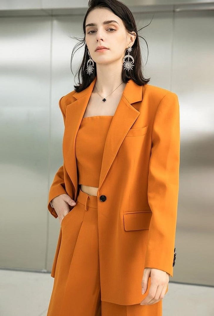 solovedress 3 Piece Gold Solid Color Single Breasted Notch Lapel Women Suit