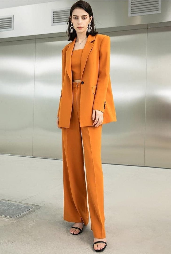 solovedress 3 Piece Gold Solid Color Single Breasted Notch Lapel Women Suit