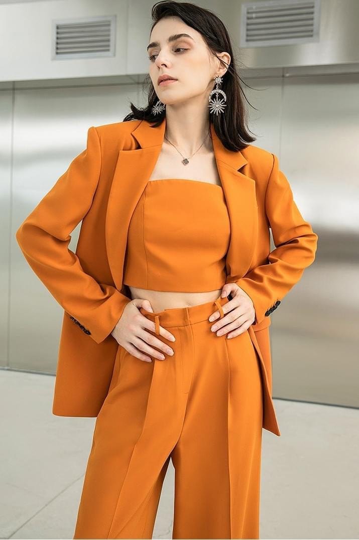 solovedress 3 Piece Gold Solid Color Single Breasted Notch Lapel Women Suit