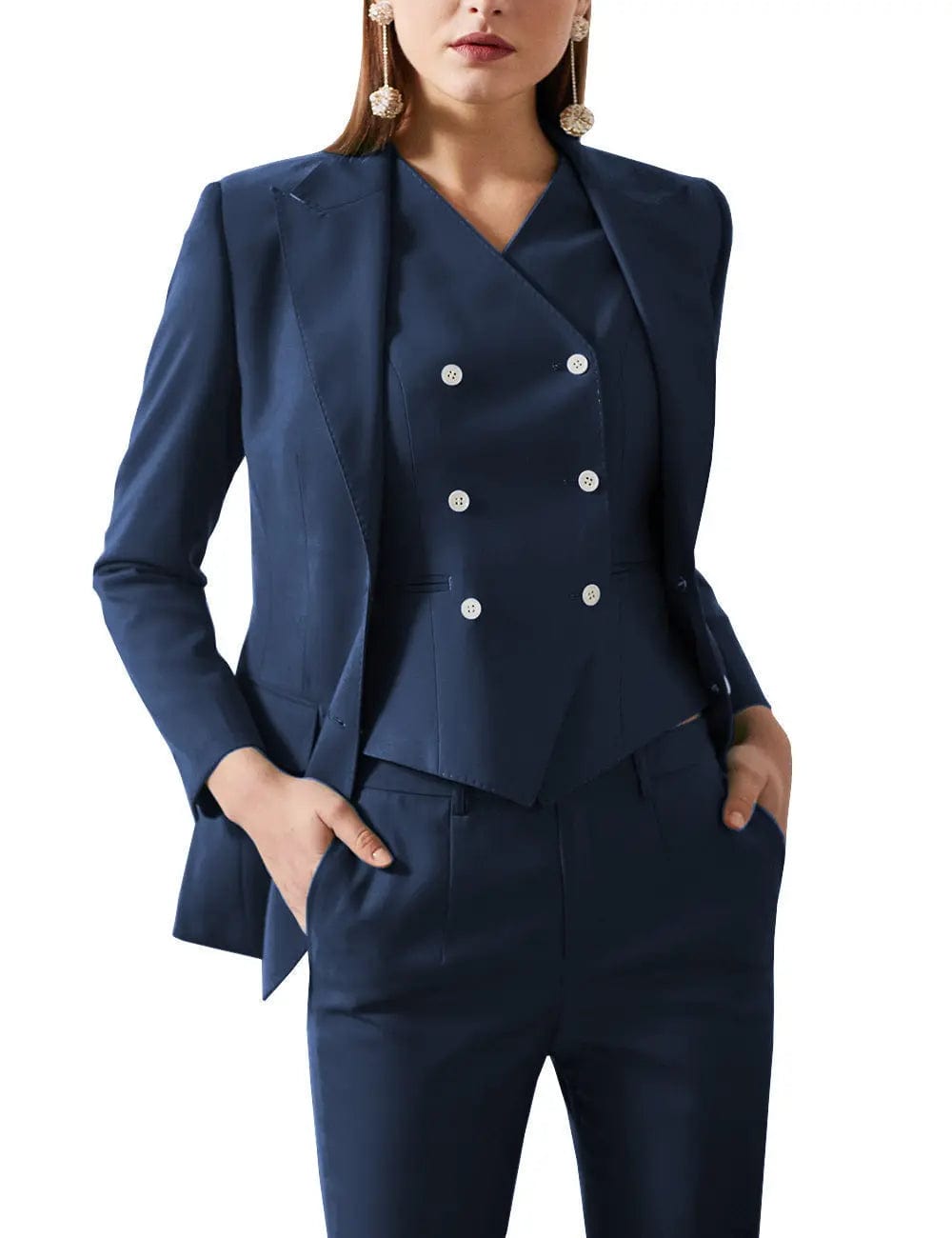 solovedress 3 Pieces Double Buttons Peak Lapel Women Suit (Blazer+vest+Pants)