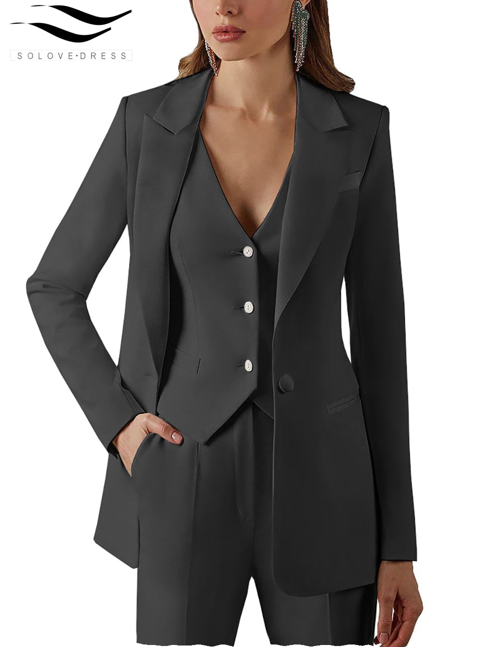 solovedress 3 Pieces Single Buttons Peak Lapel Women Suit (Blazer+vest+Pants)