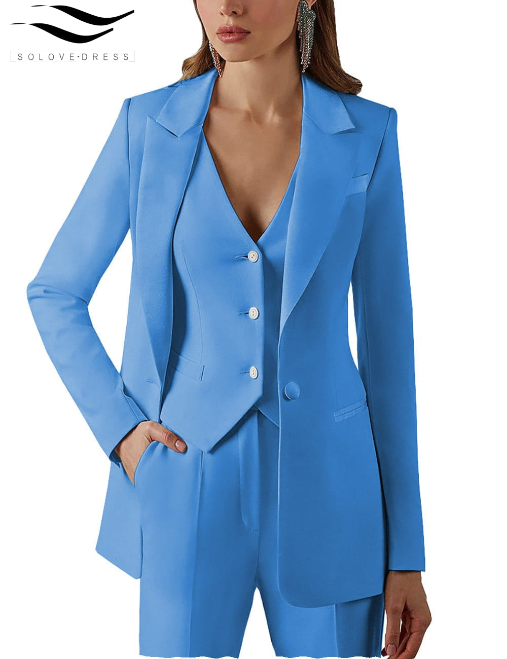 solovedress 3 Pieces Single Buttons Peak Lapel Women Suit (Blazer+vest+Pants)