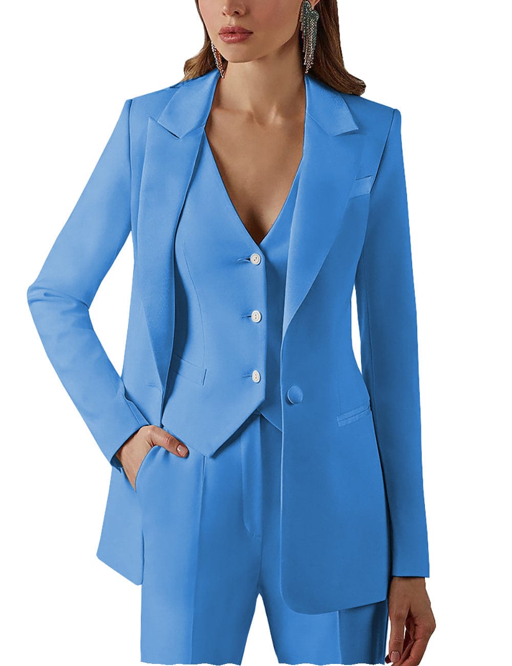 3 Pieces Single Buttons Peak Lapel Women Suit (blazer+vest+pants) | SOLOVEDRESS US 16 / Blue