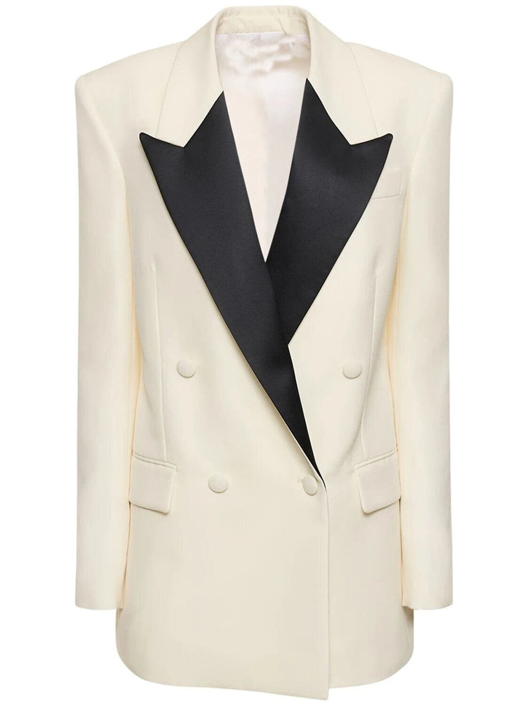 solovedress Beige Colorblock Satin Lapel Double-Breasted Slim Fit Women's Blazer