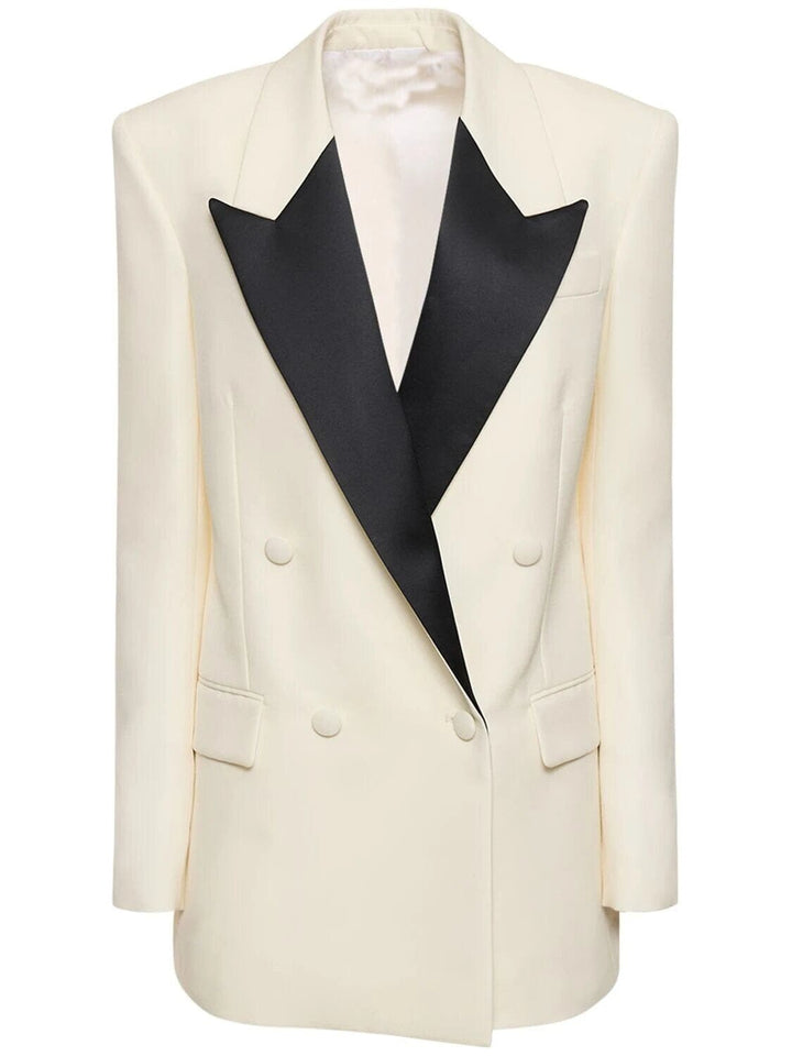solovedress Beige Colorblock Satin Lapel Double-Breasted Slim Fit Women's Blazer