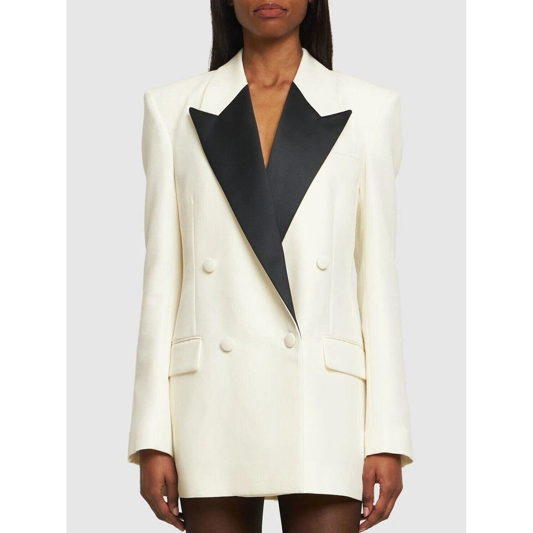 SoloveDress Women's Beige Solid Double Breasted Peak Lapel Blazer Beige / US 0 SoloveDress Women's Beige Solid Double Breasted Peak Lapel Blazer Beige / US 0