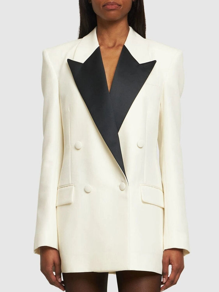 solovedress Beige Colorblock Satin Lapel Double-Breasted Slim Fit Women's Blazer