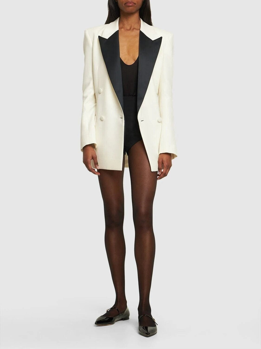 solovedress Beige Colorblock Satin Lapel Double-Breasted Slim Fit Women's Blazer