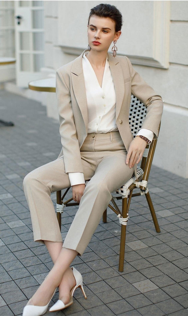 solovedress Beige Single Buttons Women's Suit 2 Piece Set (Blazer + Pants)